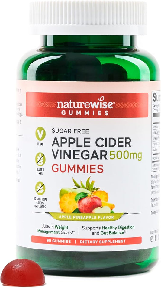 NatureWise Apple Cider Vinegar ACV Gummies - 1000mg ACV per 2, Sugar Free, Vegan - Energy & Gut Health - ACV Gummies W/Vitamin B12-90 Gummies[1.5-Month Supply for 1000mg / 3-Month Supply for 500mg]-SeraviaPure