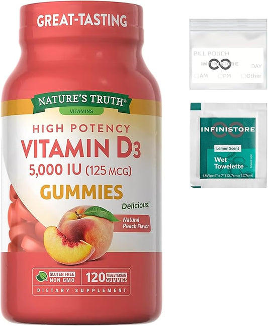 InfiniStore™ Medicine Pouch & Scented Moist Towelette Bundled with Nature Truth Vitamin D3, Natural Peach Flavor Gummies, 5,000 IU, 120 Count - Non GMO, Gluten Free, Vegan-SeraviaPure