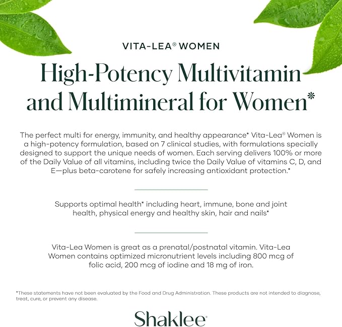 Shaklee - Vita-Lea® Women High-Potency Multivitamin & Multimineral for Women - Prenatal/Postnatal Support with 800 mcg Folic Acid, 200 mcg Iodine, 18 mg Iron - 240 Tablets-SeraviaPure