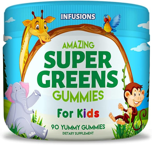 Infusions Super Green Gummies for Kids 90 Count - Superfood Booster Soft and Delicious 8 Powerful Blends Vegan Friendly Gluten Free & Non-GMO-SeraviaPure