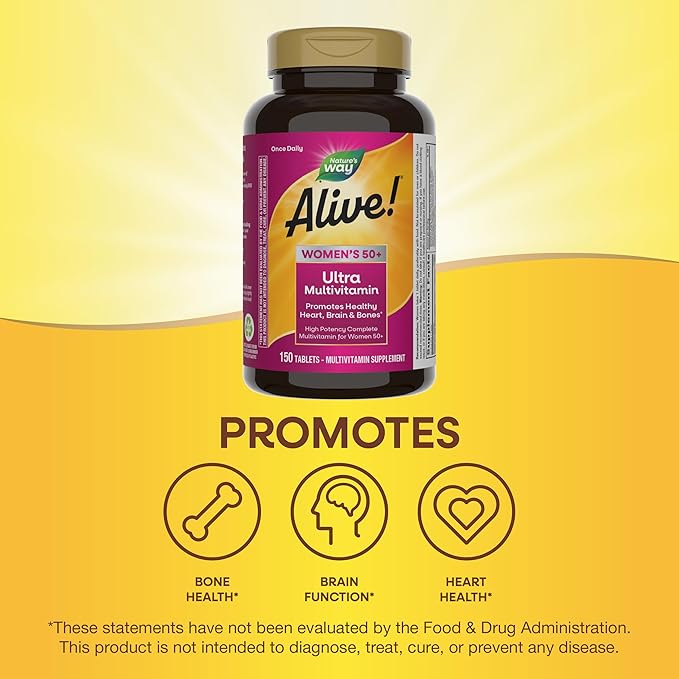 Nature’s Way Alive! Women’s 50+ Ultra Potency Complete Multivitamin, High Potency Formula, Promotes Healthy Heart, Brain, Bones*, with Methylated B12, Gluten-Free, 150 Tablets (Packaging May Vary)-SeraviaPure