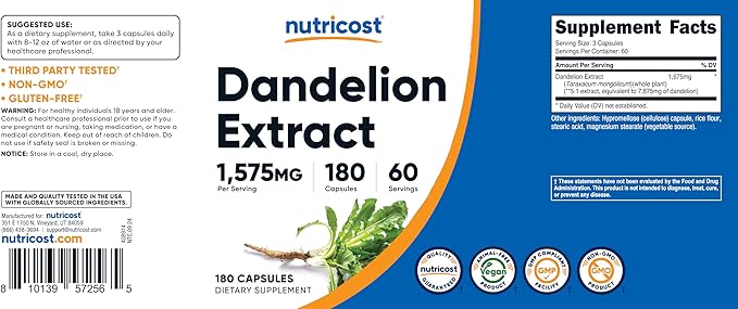 Nutricost Dandelion Extract Capsules 1575mg Per Serving (180 Caps, 60 Servings) - 525mg Per Capsule (5:1 Extract, Equivalent to 7,875mg), Non-GMO, Gluten Free