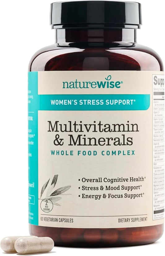 NatureWise Multivitamin for Women + Stress Support + B-Complex + Vitamin C + D3 K2 for Immunity, Hair, Skin & Nails, Digestion + Whole Organic Foods - Vegetarian, Non-GMO - 60 Capsules[1-Month Supply]-SeraviaPure