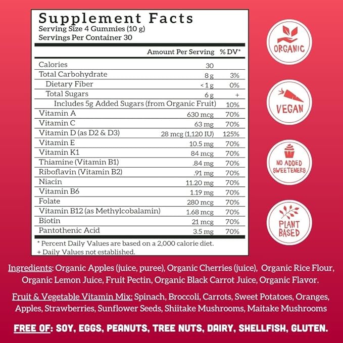 Llama Naturals Real Fruit Gummy Vitamins for Adults | No Added Sugar Cane | Whole Food Multivitamin Gummies | Women + Men | Vegan, Organic, Chewable | 120 ct, 30 Day Supply | Cherry-SeraviaPure