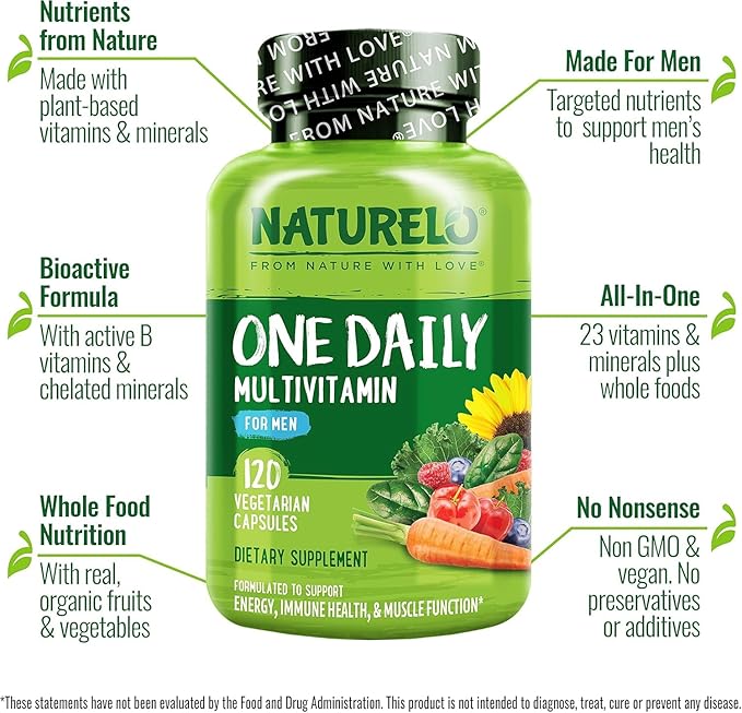 NATURELO Mens Multivitamins - One Daily Multivitamin for Men with Vitamins, Minerals & Organic Whole Foods, Boost Energy & Health, Non-GMO, 120 Vegetarian Capsules-SeraviaPure