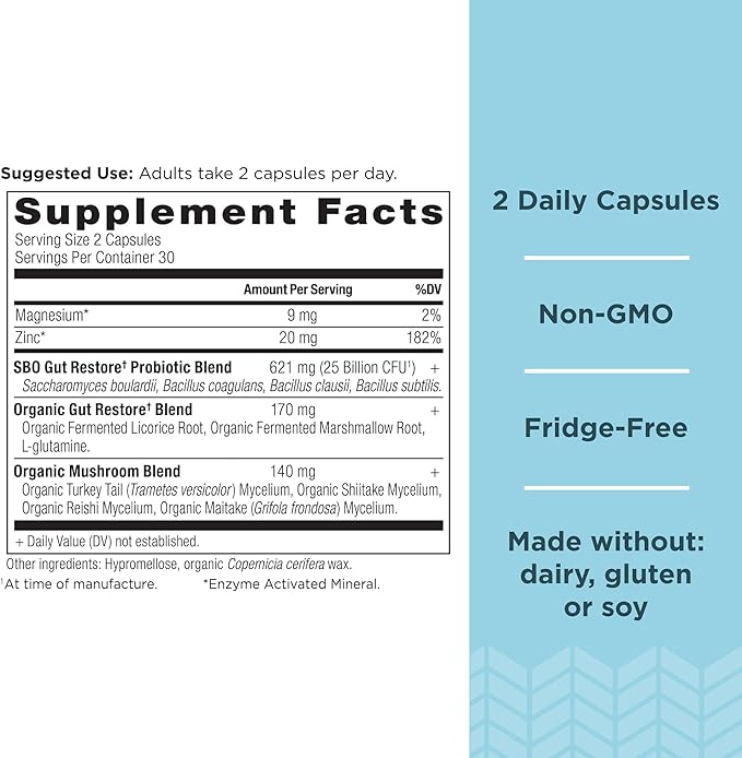 Probiotics by Ancient Nutrition, SBO Probiotics Gut Restore 60 Ct, Promotes Gut Health, Digestive and Immune Support, Gluten Free, Ancient Superfoods Blend, 25 Billion CFUs* Per Serving-SeraviaPure