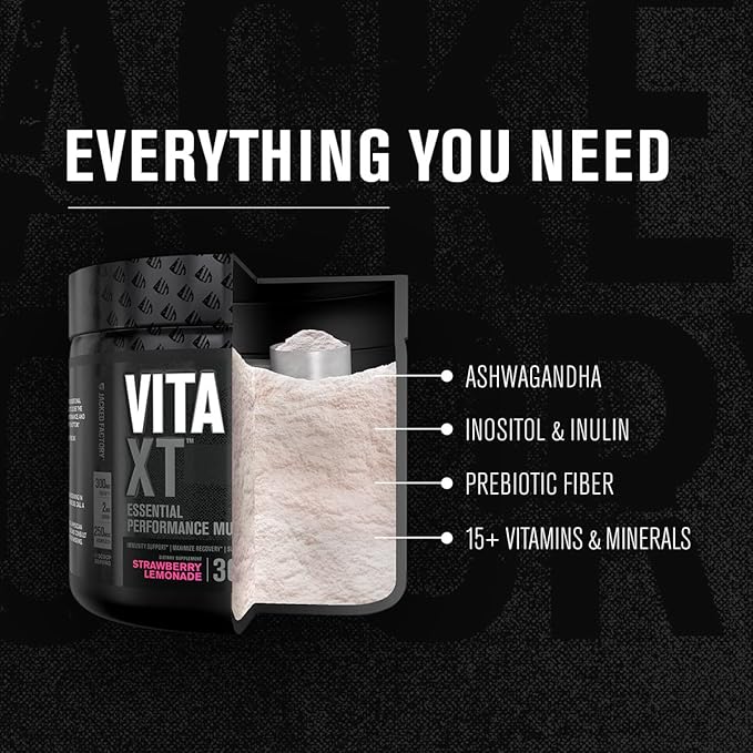 Jacked Factory Vita XT Performance Vitamin Powder - Daily Multivitamin Powder for Men with KSM-66 Ashwagandha, Prebiotic Fiber, Vitamin A, C, D, K, B6, B12, & More - Strawberry Lemonade, 30Sv-SeraviaPure