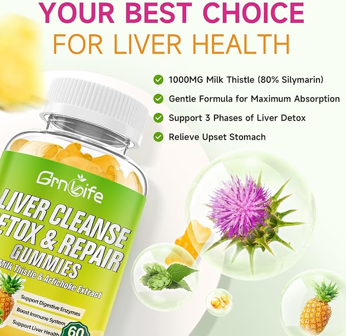 Liver Cleanse Detox & Repair Gummies with Milk Thistle 3000mg, 24-in-1 Liver Health Supplement with Dandelion, Artichoke, Sugar Free Liver Detox Gummies, Pineapple Flavor - 60 Count-SeraviaPure