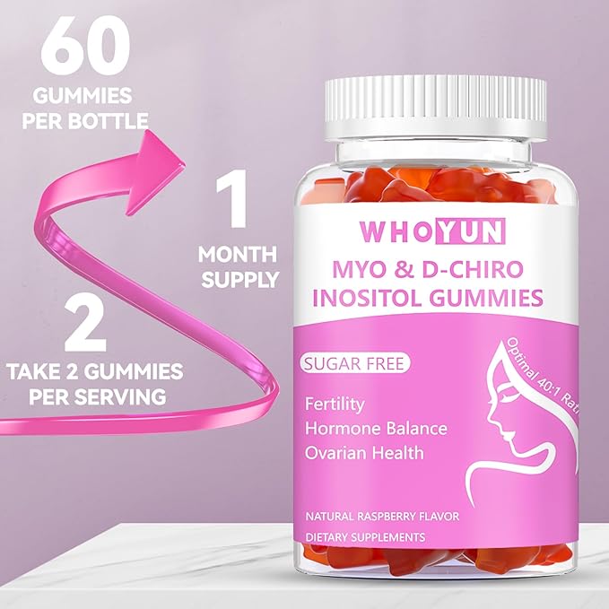 Inositol Gummies Sugar Free, Myo-Inositol & D-Chiro Inositol 40:1 Ratio Supplement for Women, Fertility, Hormone Balance, Ovarian Health, 60 Count-SeraviaPure