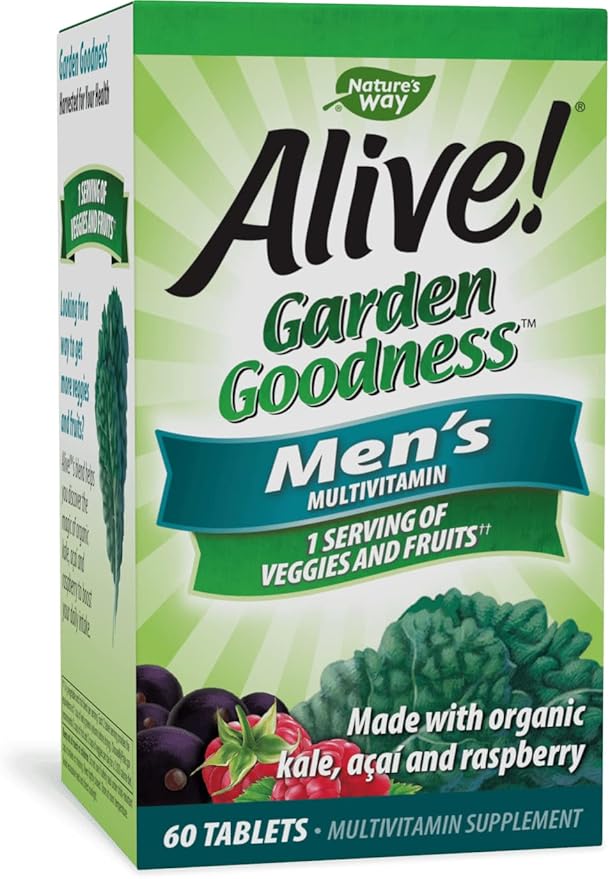 Nature's Way Alive! Garden Goodness Men's Multivitamin, One Serving of Veggies and Fruits**, High Potency B-Vitamins, 60 Tablets-SeraviaPure