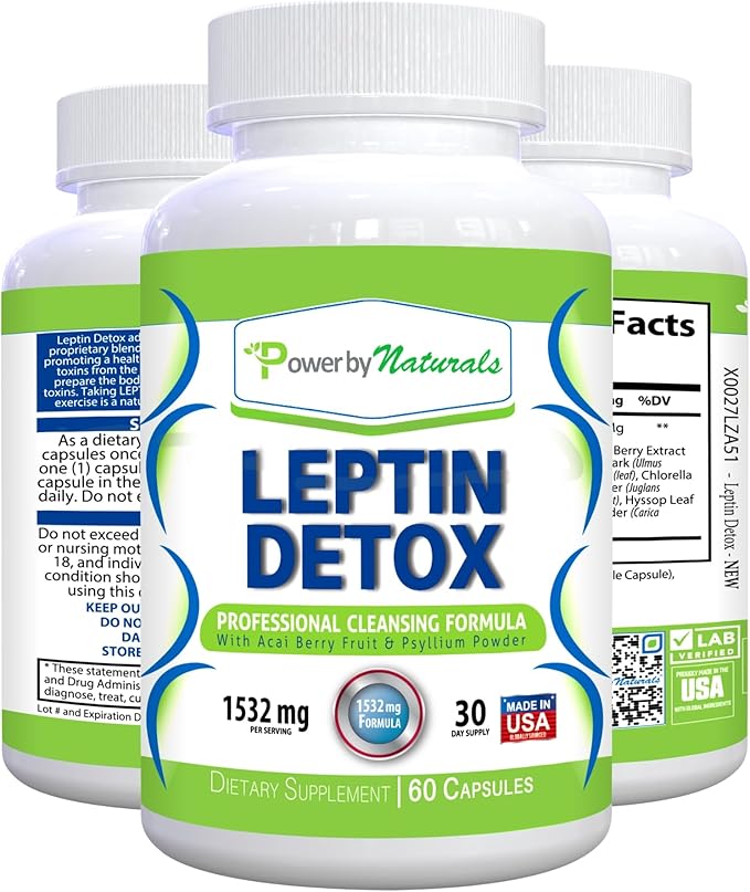 Power By Naturals Leptin Detox Cleanse for Reduce Weight - Natural Gut & Colon Cleanser, 1532mg, Acai Berry Cleanse for Men & Women, 60 Capsules, USA-Made-SeraviaPure