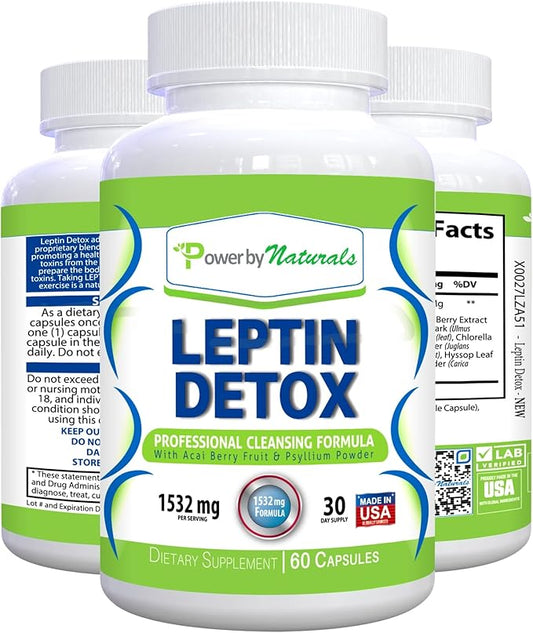 Power By Naturals Leptin Detox Cleanse for Reduce Weight - Natural Gut & Colon Cleanser, 1532mg, Acai Berry Cleanse for Men & Women, 60 Capsules, USA-Made-SeraviaPure