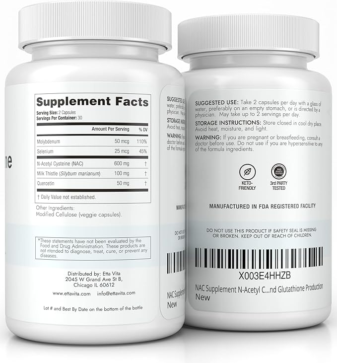 Vegan Liver Detox & Cleanse - NAC Supplement N-Acetyl Cysteine 600mg with Quercetin, Milk Thistle, Molybdenum & Selenium, N-Acetyl-Cysteine Capsules for Immune Support, Respiratory & Brain Health-SeraviaPure