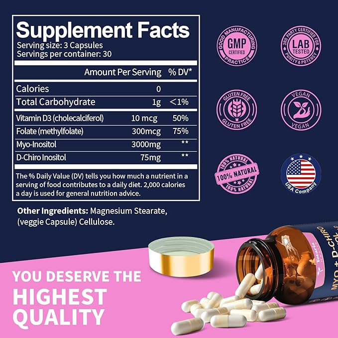 Inositol Supplement for Women with Vitamin D3, Folate, 40:1 Ratio Myo-Inositol 3000mg & D-Chiro Inositol 75mg Complex, (Vitamin B8) Inositol Capsules, 90 Capsules, 30 Servings-SeraviaPure
