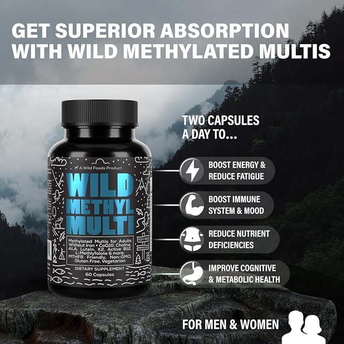 Wild Methylated Multivitamin for Women & Men | Daily Multi Vitamin | MTHFR Supplement Without Iron | Methylated B12, Folate, Vitamin C, A, K2, D, E, Choline, Biotin, ALA, CoQ10 & More (Pack of Two)-SeraviaPure