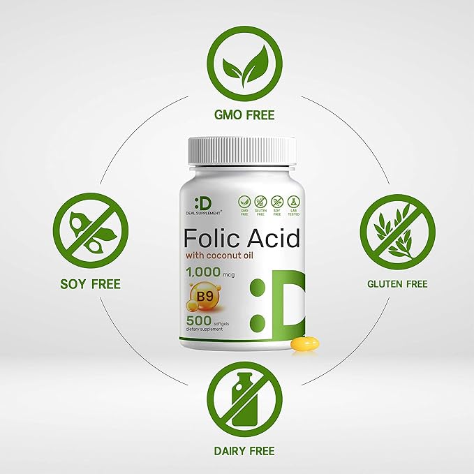 DEAL SUPPLEMENT Folic Acid 1000 mcg (1 mg), 500 Coconut Oil Softgels | Bioavailable Prenatal Vitamins (Vitamin B9) – 1,667 mcg DFE – Easy to Swallow, Non-GMO, & No Gluten-SeraviaPure