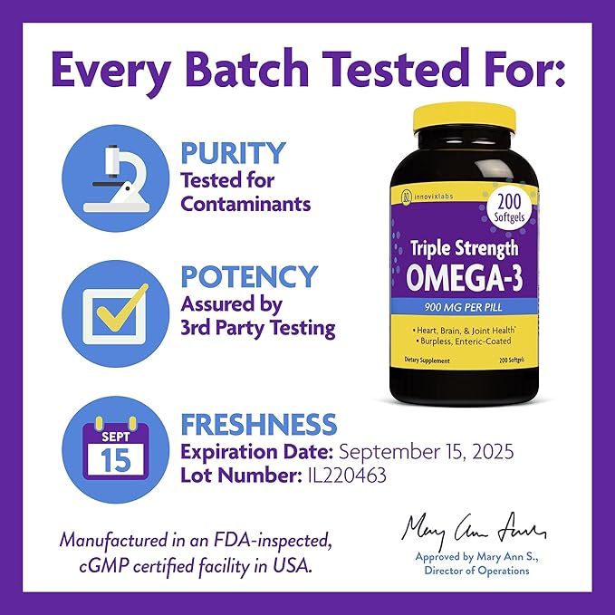 InnovixLabs Triple Strength Omega 3 Fish Oil Supplement, 900 mg, Pure EPA DHA Omega 3 Supplement Brain and Joints, Burpless Omega-3 for Women and Men with Enteric Coating, 200 Capsules-SeraviaPure