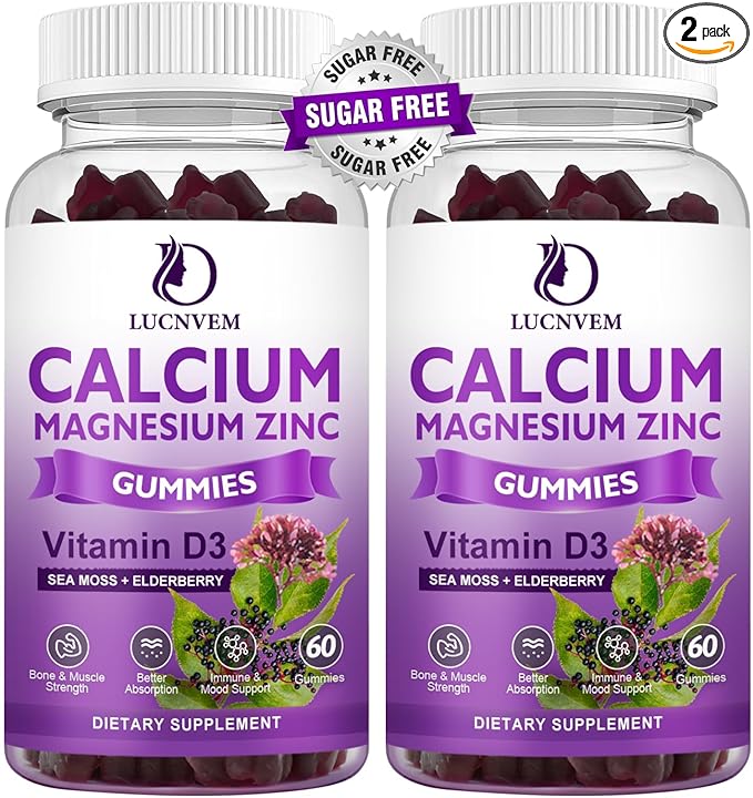 (2 Pack) Sugar Free Calcium Magnesium Zinc Gummies, Calcium Magnesium 2:1, Contains Magnesium Glycinate, Vitamin D3, Sea Moss, for Bones, Muscles, Calm Mood & Sleep Support, Vegan, 120 Gummies-SeraviaPure