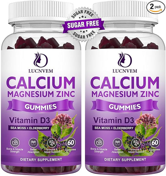 (2 Pack) Sugar Free Calcium Magnesium Zinc Gummies, Calcium Magnesium 2:1, Contains Magnesium Glycinate, Vitamin D3, Sea Moss, for Bones, Muscles, Calm Mood & Sleep Support, Vegan, 120 Gummies-SeraviaPure