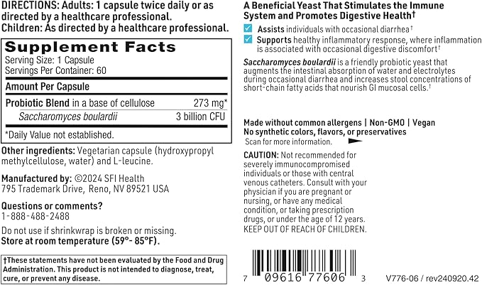 Klaire Labs SFI Health Ther-Biotic Saccharomyces Boulardii Probiotics for Women & Men - S Boulardii Probiotics for Digestive Health & Immune Support - Supports Healthy Intestinal Flora (60 Capsules)-SeraviaPure