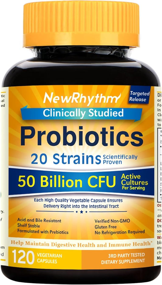 NewRhythm Probiotics 50 Billion CFU 20 Strains, 120 Veggie Capsules, Targeted Release Technology, Stomach Acid Resistant, No Need for Refrigeration, Pack of 1, Non-GMO, Gluten Free-SeraviaPure