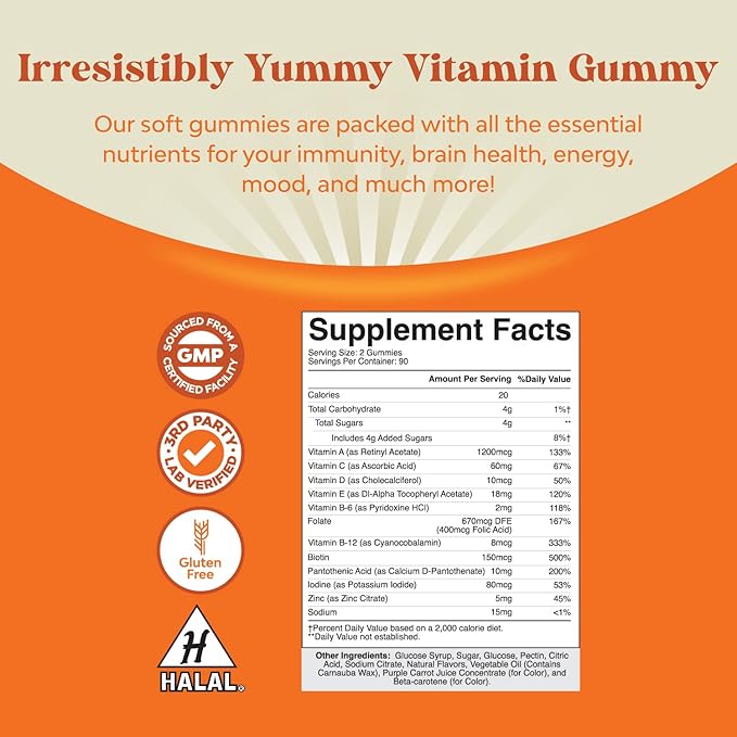 Potent Daily Multivitamin Gummies for Adults - Wellness Blend of Vitamin D A C E B12 Zinc and Biotin - Adult Vitamin Gummy for Energy and Immune Health - Non-GMO Gluten Free and Halal - 180 Gummies-SeraviaPure