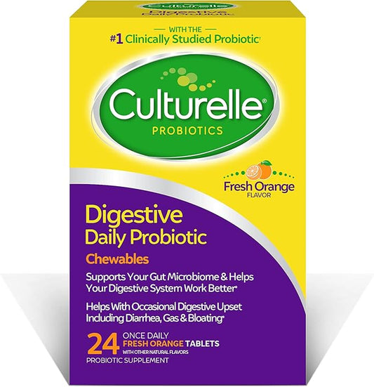 Culturelle Digestive Health Daily Probiotic Chewables, Probiotic For Men and Women, Most Clinically Studied Probiotic Strain, 10 Billion CFUs, Supports Occasional Diarrhea, Gas & Bloating, 24 Count-SeraviaPure