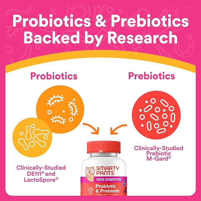 SmartyPants Kids Probiotic & Prebiotic Gummies for Digestive Health: Gut Health Supplement, Clinically Studied Prebiotic for Immune Support, Grape, 60 Count (30 Day Supply)-SeraviaPure