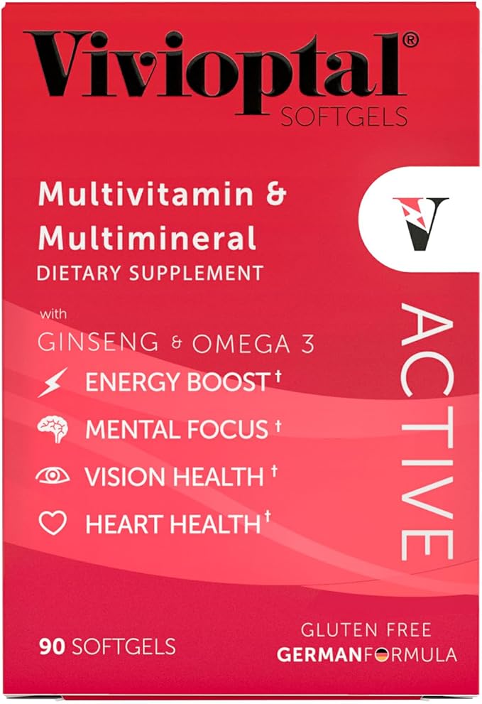 Vivioptal Active, 90 Softgels, Ginseng & Omega 3, Multivitamin & Multimineral, Gluten Free, German Formula-SeraviaPure