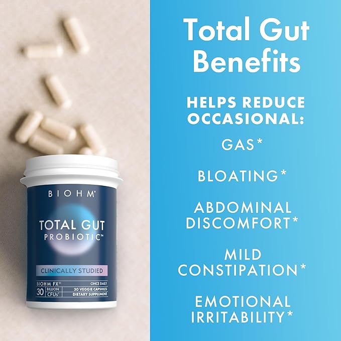BIOHM Total Probiotic, 30 Billion CFU Daily Probiotics for Women & Men (30 Count) Helps Reduce Occasional Gas & Bloating, Supports Digestion & Total Gut Health, Non-GMO, Vegan-SeraviaPure