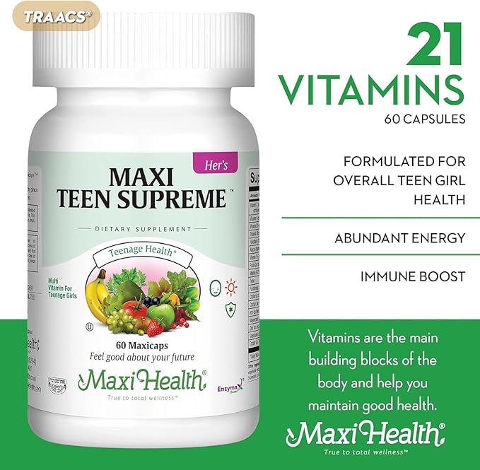 Maxi Health Teen Multivitamin for Girls 12-17 years, Natural Vitamins and Minerals Enhances Development and Immune Health, Best Kosher Supplement for Teenagers, 60 Count-SeraviaPure