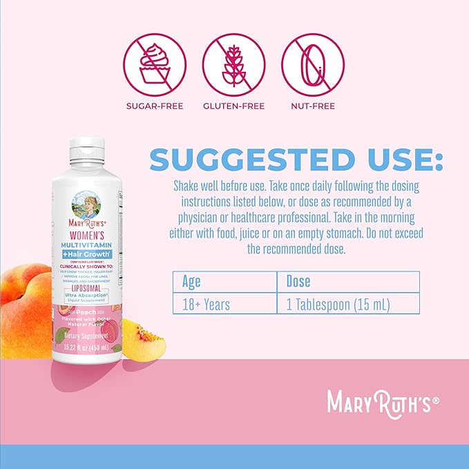 MaryRuth Organics Women's Multivitamin Lustriva Hair Growth Liposomal | Biotin | Vitamin D, B | Clinically Tested for Thicker Hair, Fine Lines, Skin Care | Ages 18 | Hair Vitamins | 15 Fl Oz-SeraviaPure