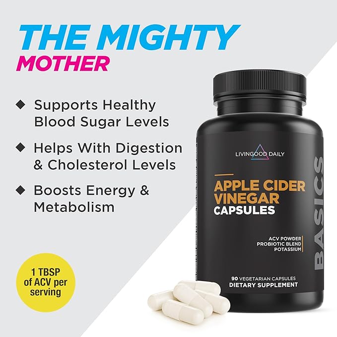 Livingood Daily Apple Cider Vinegar Capsules with The Mother (1500mg) - ACV Pills with Probiotics & Potassium for Women & Men - Supports Gut Health, Digestion, Appetite & Weight - Vegan, 90 Capsules-SeraviaPure