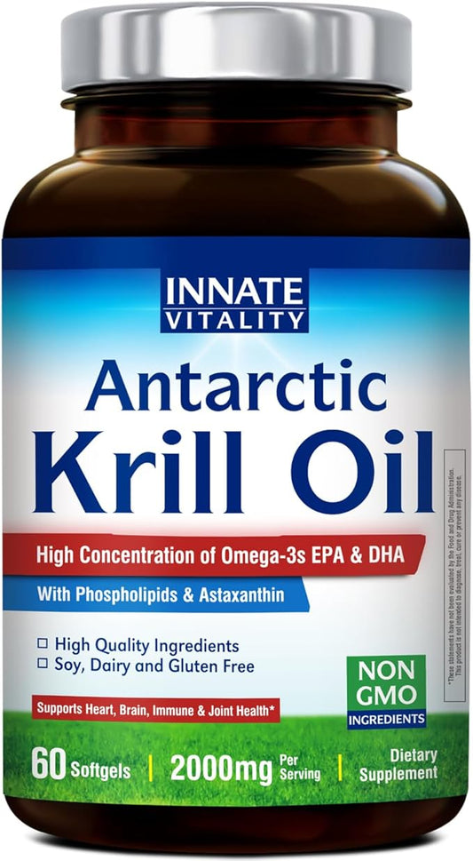 Innate Vitality Antarctic Krill Oil 2000mg 60 Softgels, Omega 3s, DHA, EPA & Astaxanthin, Phospholipids, Brain, Concentration, Heart, Bone, Immune Health, Superior Absorption vs Fish Oil, No Fish Burp