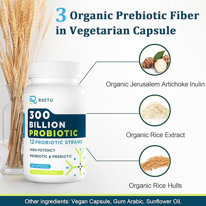 Probiotics for Women Men: 300 Billion CFU Probiotic High Potency + 12 Strains Organic Probiotics with Prebiotics, Daily Probiotic Supplement for Digestive, Gut, Immune and Bloating Health, 60 Capsules-SeraviaPure