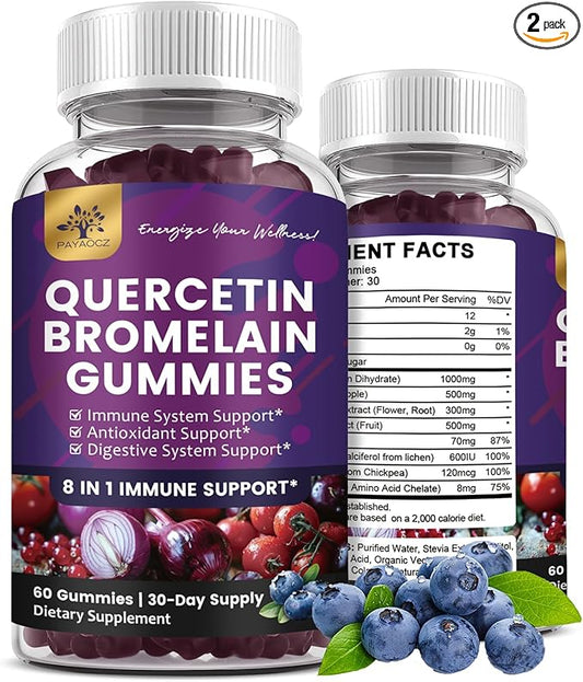 (2 Pack) Quercetin Gummies with Bromelain Zinc Elderberry Vitamin C D3 K2, Quercetin 1000mg Supplement with Bromelain 500mg for Cardiovascular, Immune System & Allergy, Vegan Gummy for Adult & Kid-SeraviaPure