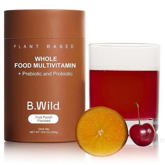 B.WILD Plant-Based Multivitamin Drink Mix – Bold Fruit Punch Flavor with Prebiotics, Probiotics & Adaptogens for Gut Health & Stress Support – 30 Servings – Vegan, Gluten-Free-SeraviaPure