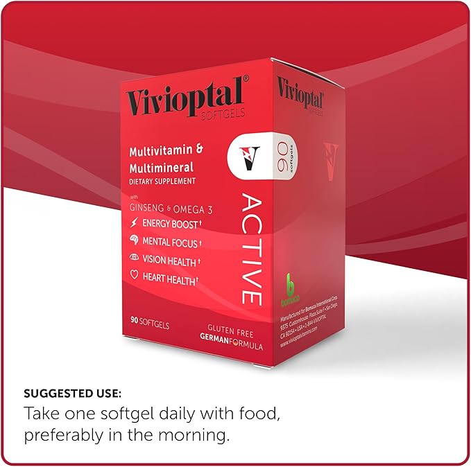 Vivioptal Active, 90 Softgels, Ginseng & Omega 3, Multivitamin & Multimineral, Gluten Free, German Formula-SeraviaPure
