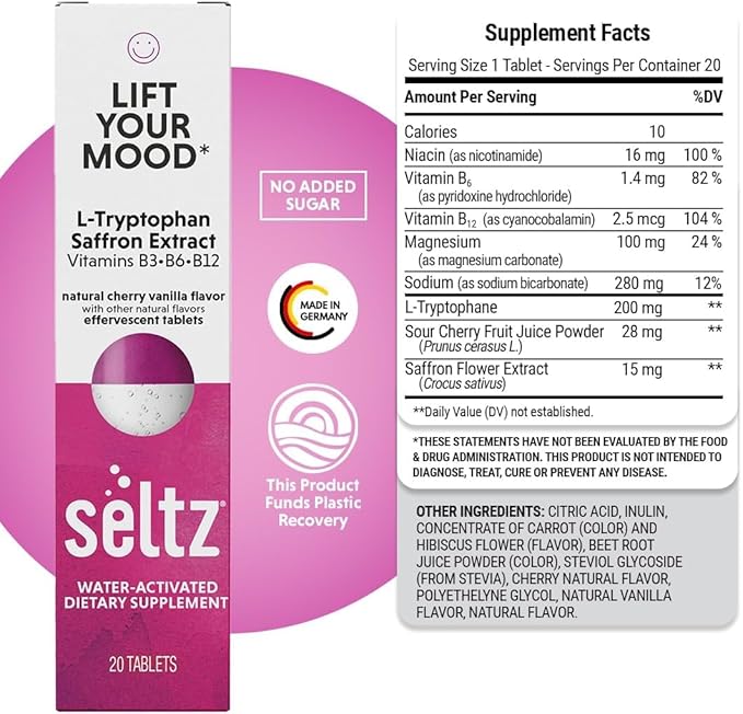 Seltz® Water-Activated Vitamins - Lift Your Mood with L-Tryptophan, Saffron Extract and Vitamins B3 B6 B12 – Natural Cherry Vanilla Flavor Dietary Supplement - 6 Packs x 20 Effervescent Tablets Each