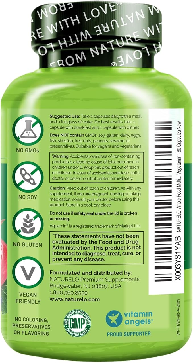 NATURELO Whole Food Multivitamin for Teens - Vitamins and Minerals for Teenage Boys and Girls - Supplement for Active Kids - with Organic Whole Foods - Non-GMO - Vegan & Vegetarian - 60 Capsules-SeraviaPure