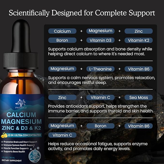 (1 Pack) Magnesium Calcium Zinc Supplement with Vitamin D3 K2 for Women, Magnesium Glycinate Vegan Liquid Drops for Adult Plus L-Theanine Boron Sea Moss Extract, Bone, Sleep & Leg Cramps, 1 Fl Oz-SeraviaPure