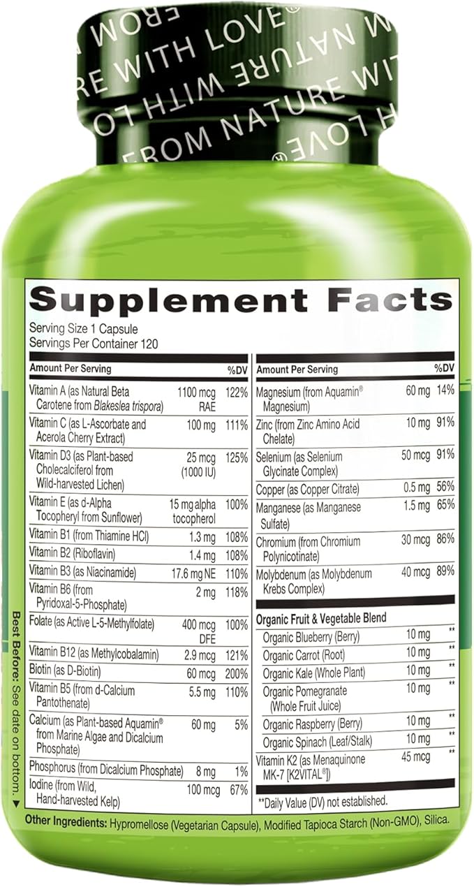 NATURELO Mens Multivitamins for Men 50+ - One Daily Multivitamin for Men with Vitamins, Minerals & Organic Whole Foods, Boost Energy & Health, Non-GMO, 120 Vegetarian Capsules-SeraviaPure