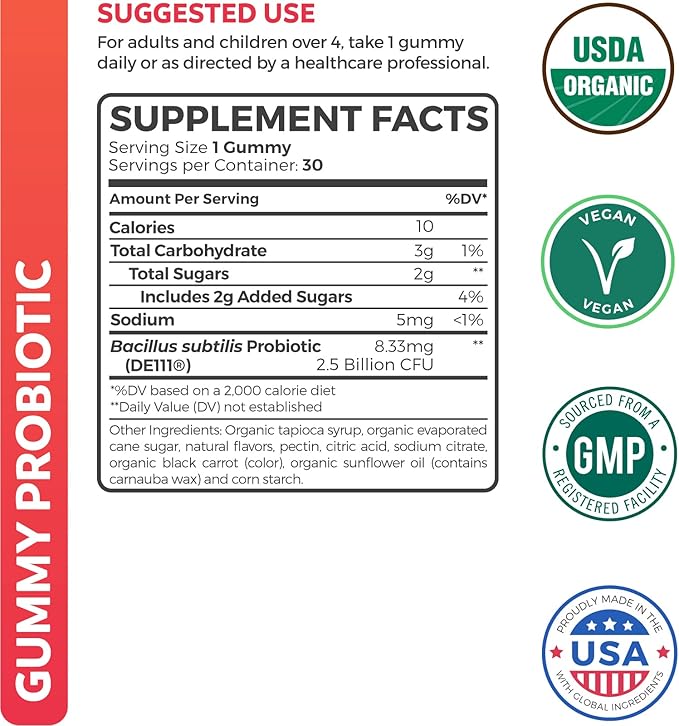 USDA Organic Probiotics for Kids (Non-GMO) Strawberry Flavor Kids Probiotic Gummies for Digestion & Immune Support - 2.5 Billion CFU of DE111 Spore Forming Strain for Maximum Survivability - 30 Gummys-SeraviaPure