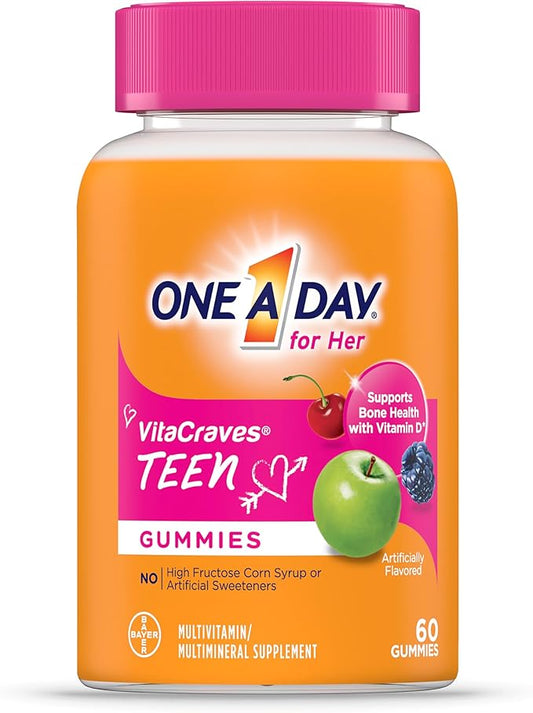 One A Day Teen for Her Multivitamin Gummies, Gummy Multivitamins with Vitamin A, C, D, E and Zinc for Immune Health Support, Physical Energy & more, 60 Count
