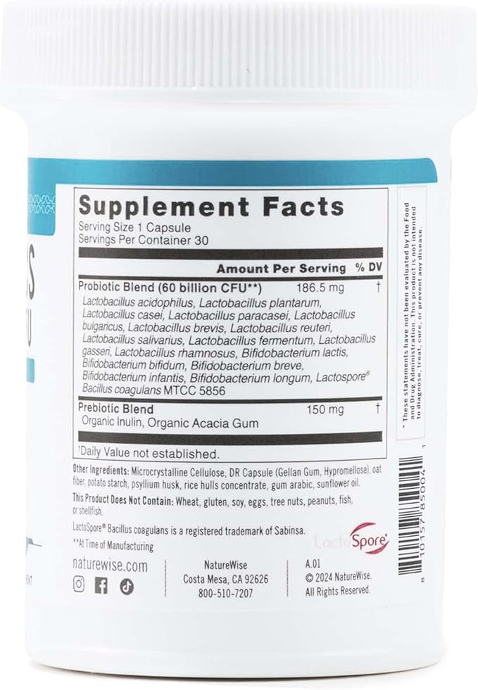 NatureWise Probiotics 60 Billion CFU - 17 Strains + Organic Prebiotics - Immune, Digestive & Gut Health Support for Women & Men - Vegetarian, Gluten-Free, Non-GMO - 30 Capsules[1-Month Supply]-SeraviaPure