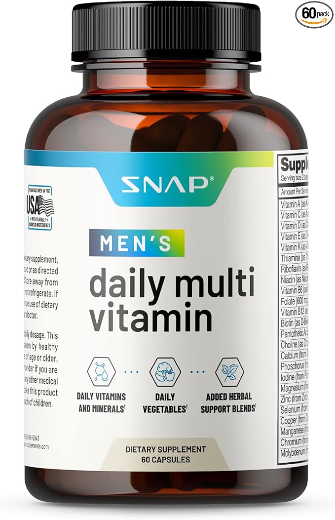 Snap Supplements Men's Multivitamins - Daily Vitamins & Minerals for Men - Vitamin D, B12, Zinc, Herbs & Vitamin C for Energy & Immune Support, Multivitamin for Men, 60 Capsules-SeraviaPure