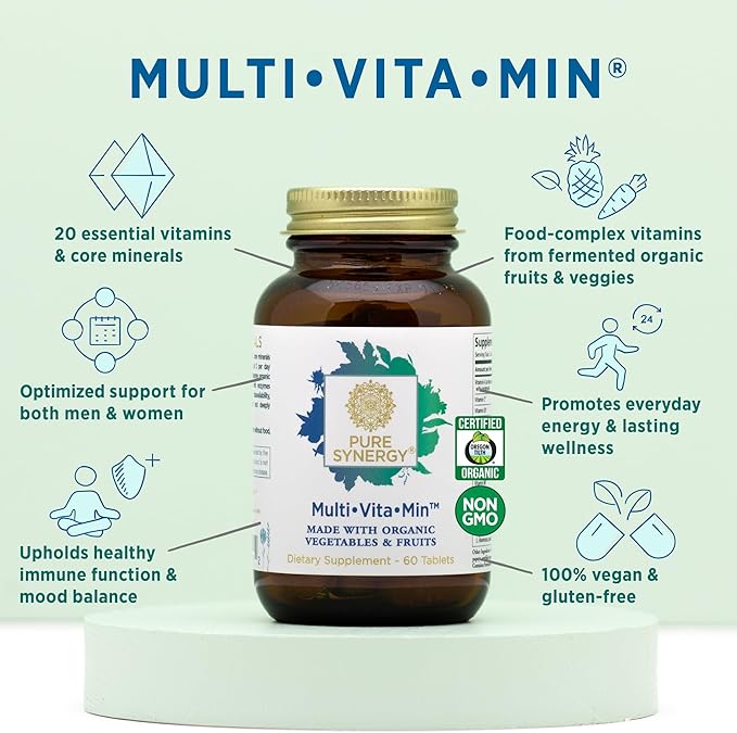 PURE SYNERGY Multi·Vita·Min | Vegan Multivitamin Made with Organic Whole Foods | Twice Daily Supplement for Men and Women | Core Nutrients for Energy, Mood, Immune, and Bone Health (60 Tablets)-SeraviaPure