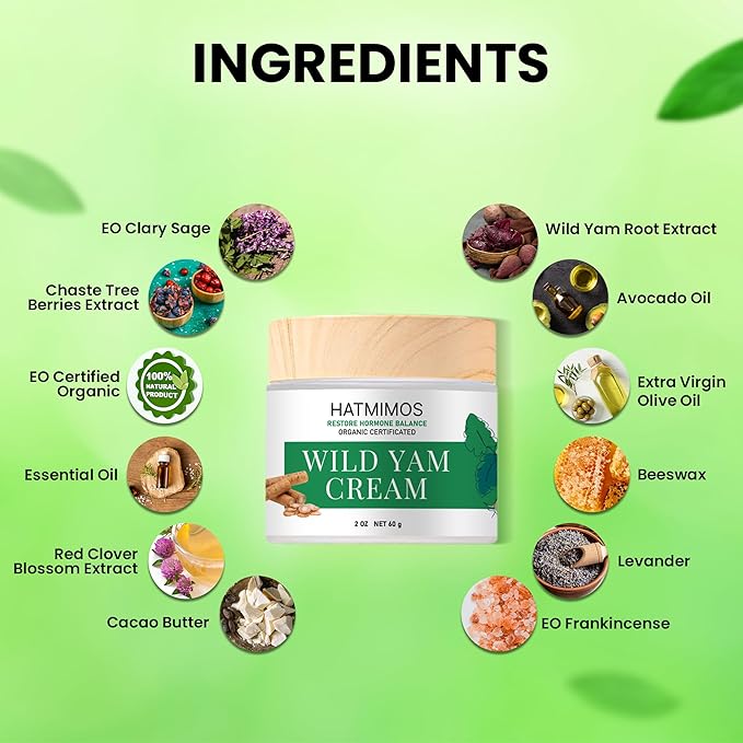 Wild Yam Cream, 2oz Wild Yam Root Organic Cream, Hormone Balance, Support Perimenopause & Menopause Relief, Progesterone, Wild Yam Cream for Women & Men Unscented for All Skin Type