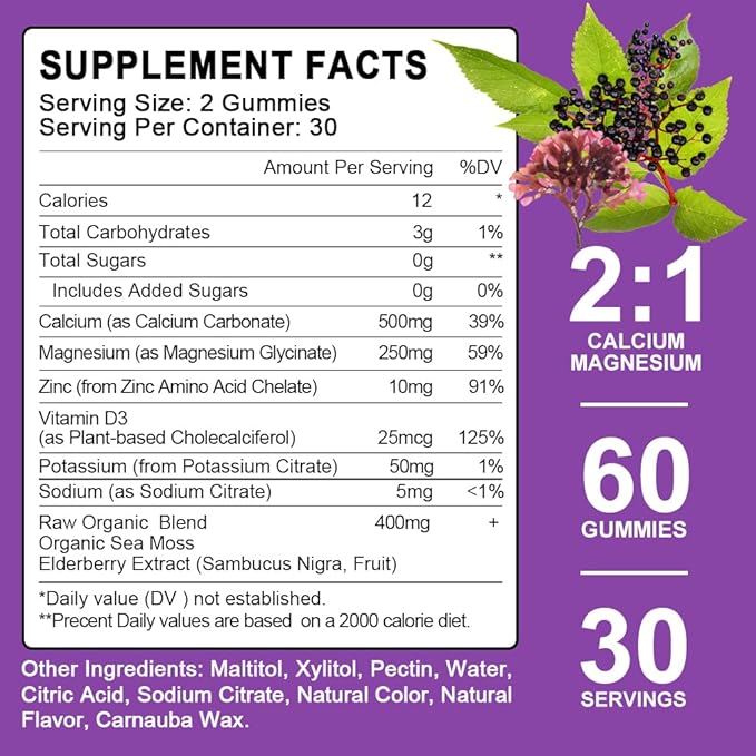 (2 Pack) Sugar Free Calcium Magnesium Zinc Gummies, Calcium Magnesium 2:1, Contains Magnesium Glycinate, Vitamin D3, Sea Moss, for Bones, Muscles, Calm Mood & Sleep Support, Vegan, 120 Gummies-SeraviaPure