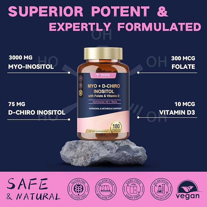 Inositol Supplement for Women with Vitamin D3, Folate, 40:1 Ratio Myo-Inositol & D-Chiro Inositol Complex, (Vitamin B8) Inositol Capsules, 180 Capsules, 60 Servings, 2 Month Supply-SeraviaPure
